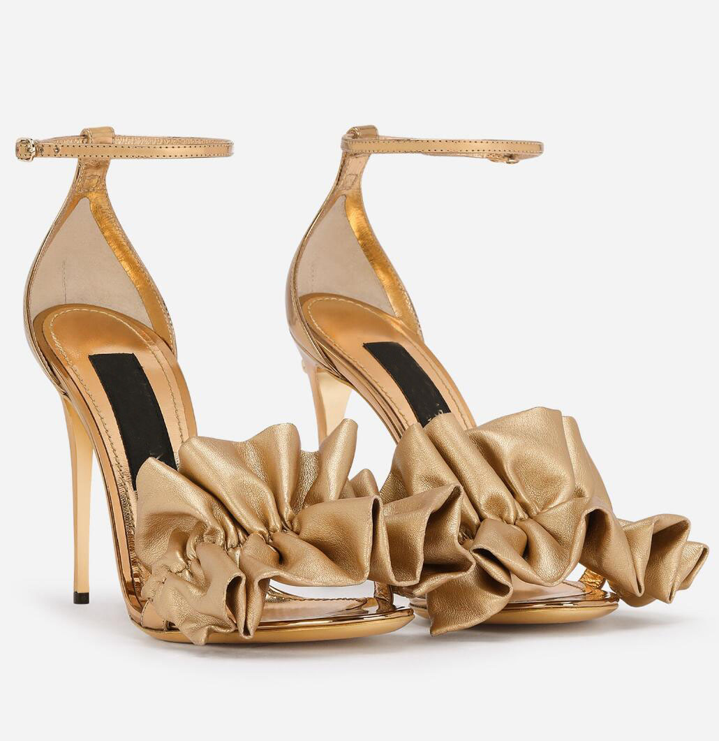 Ruched Kiera Leather Sandals Shoes Polished Patent Leather Women High Heels Party Wedding Gold-plated Carbon Lady Pumps EU35-43