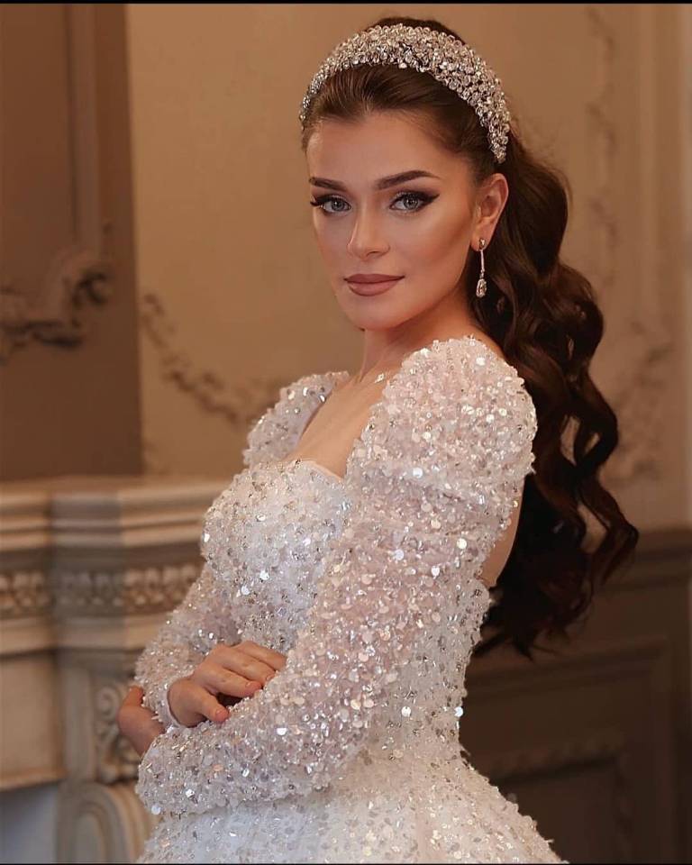 Glitter Beading Sequins Wedding Dress Square Collar Lace Up Long Sleeves or Length Custom Made Plus Size Bridal Gowns