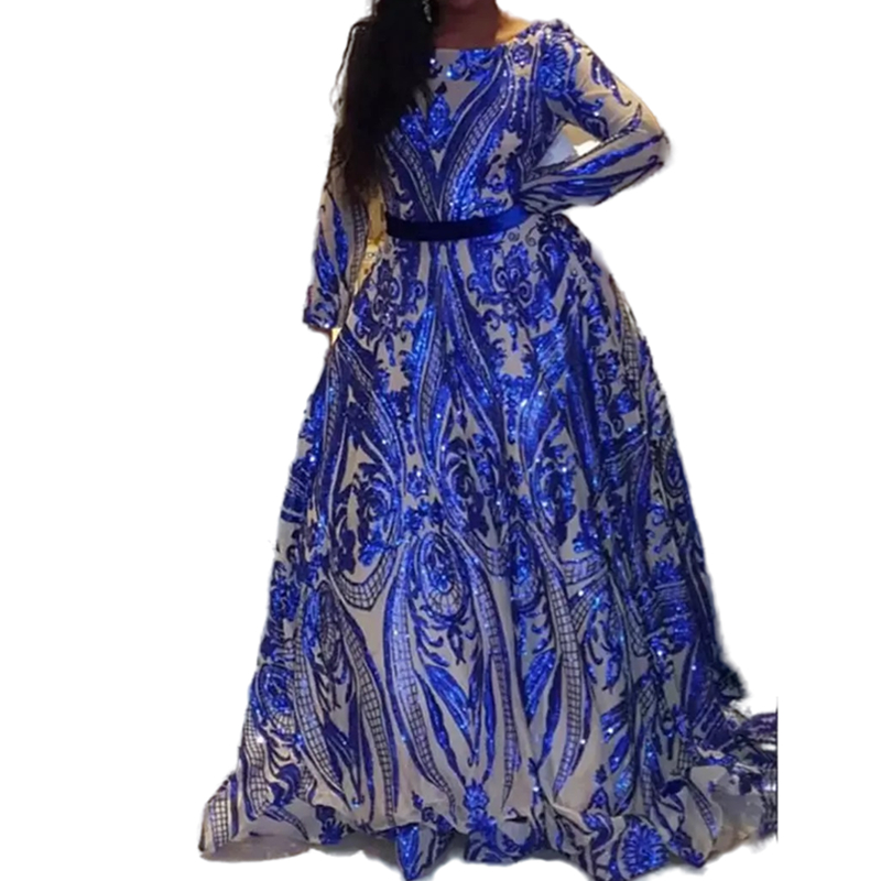 Sparkly Blue Sequined Lace Long Prom Dresses Full Sleeves 2023 Sexy Open Back Dubai Arabic Women Evening Dress Plus Size Formal Party Gowns