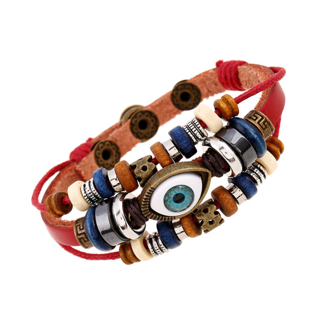 leather Beaded Eyes Charm Bracelet for Women Vintage Handmade Multilayer Weave Snap Button Bracelet