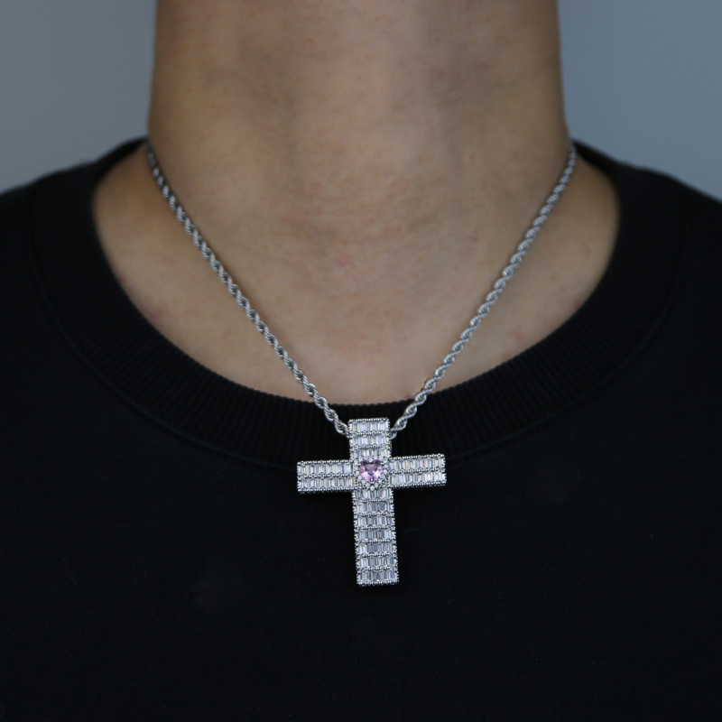 Hip Hop Iced Out Bg Pink Heart pendant Cz Paved Classic Cross Shape Pendant Necklace gifts jewelry for Men Women Valentine's Day