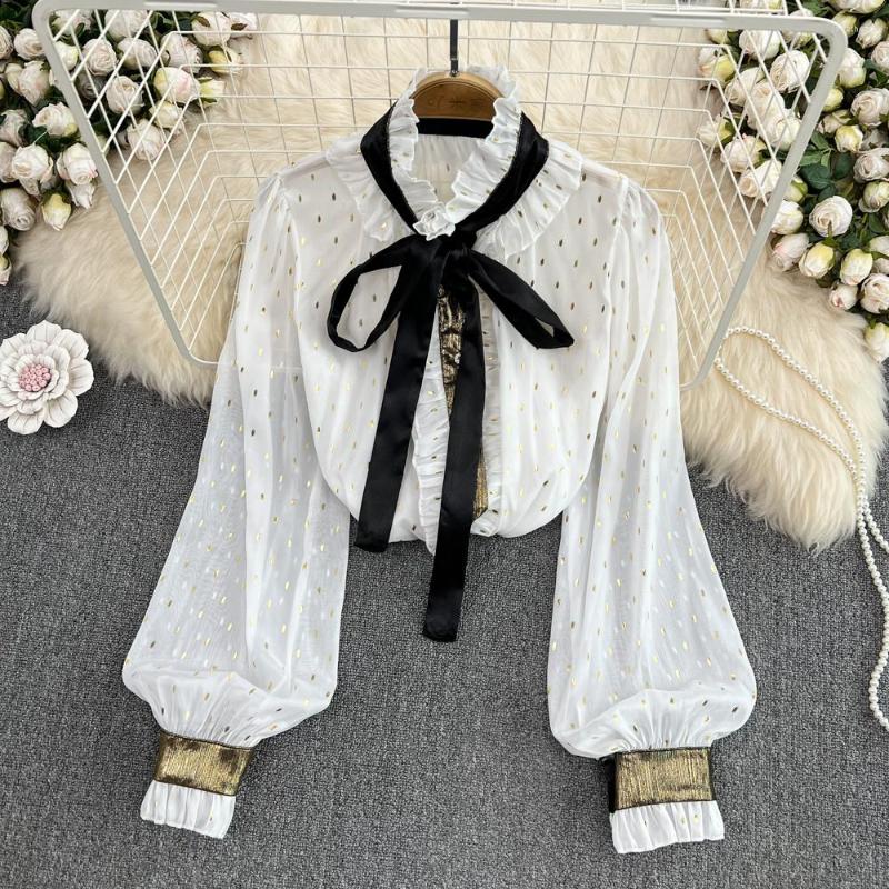 Women's Blouses French Ladies Temperament Design Sense Stand Collar Contrast Color Streamer Puff Sleeves Loose Chiffon Top, Black
Women's Blouses French Ladies Temperament Design Sense Stand Collar Contrast Color Streamer Puff Sleeves Loose Chiffon Top, Black