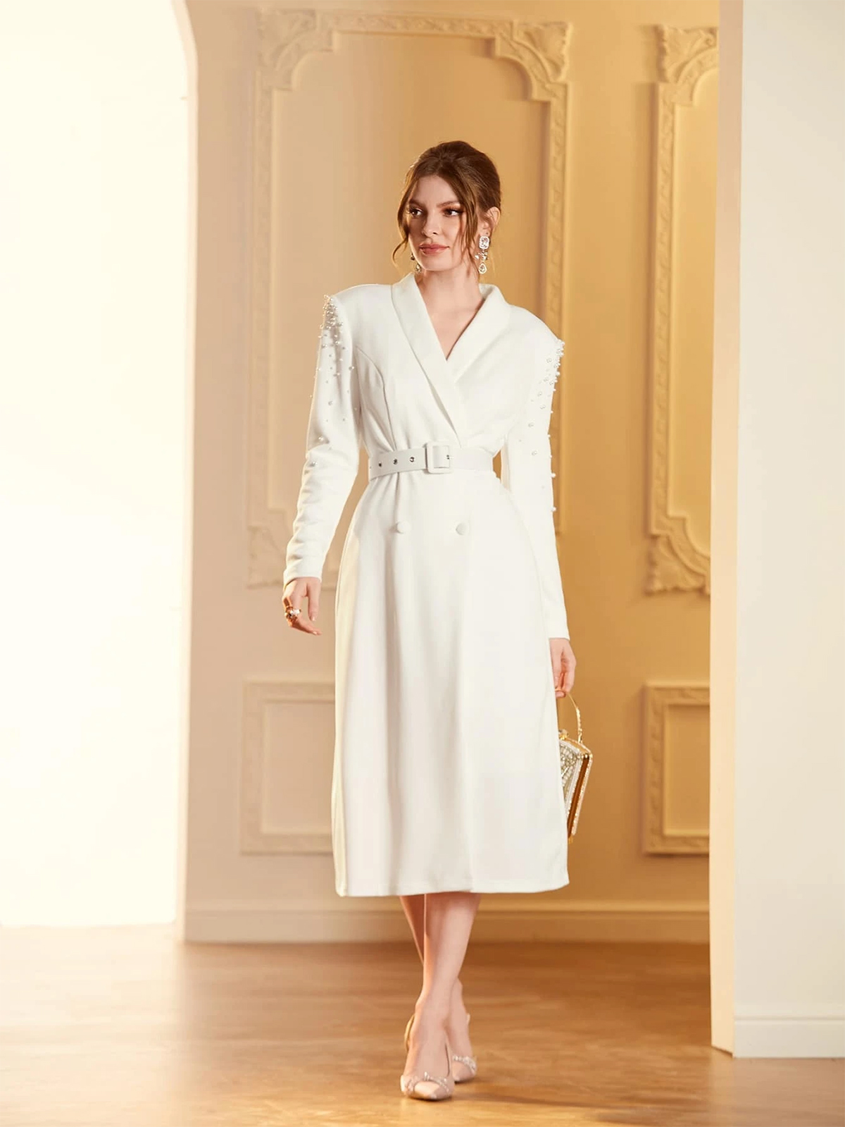 Women Beading Long Jacket Suit 2023 New Spring Double Breasted Vintage Elegant Blazer Fashion Evening Party Outerwear