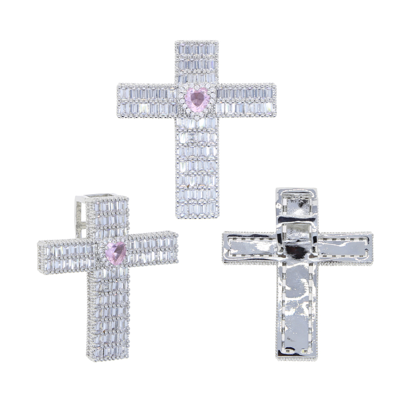 Hip Hop Iced Out Bg Pink Heart pendant Cz Paved Classic Cross Shape Pendant Necklace gifts jewelry for Men Women Valentine's Day