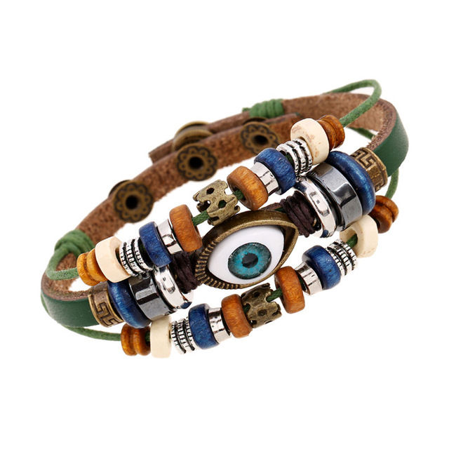 leather Beaded Eyes Charm Bracelet for Women Vintage Handmade Multilayer Weave Snap Button Bracelet