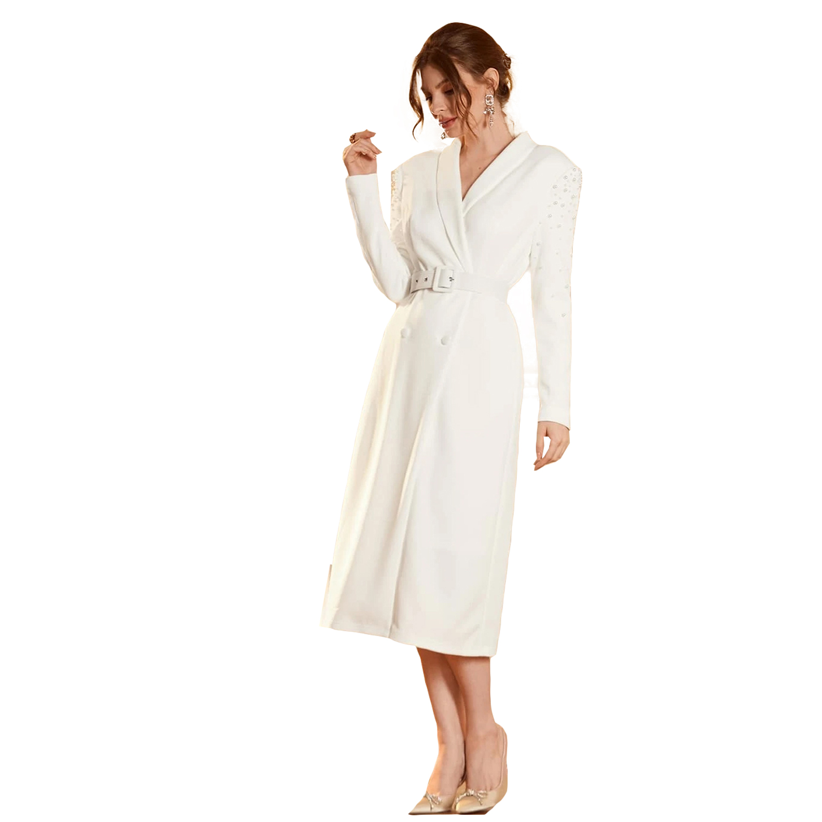 Women Beading Long Jacket Suit 2023 New Spring Double Breasted Vintage Elegant Blazer Fashion Evening Party Outerwear