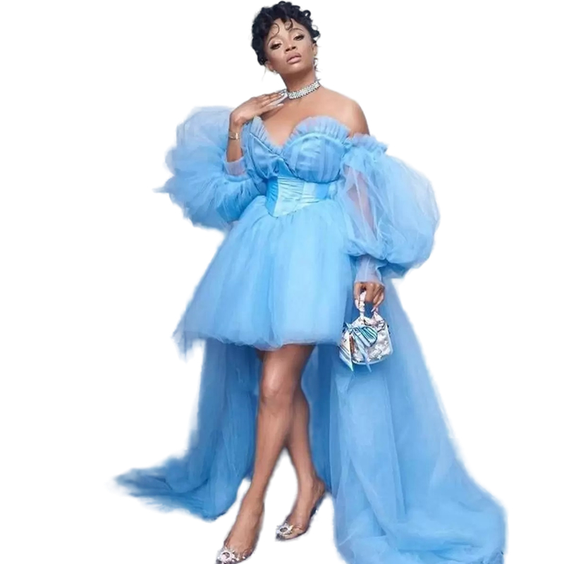 Chic Sky Blue High Low Prom Dresses With Puff Long Sleeves 2026 Sweetheart Neck Off Shoulder Tulle Formal Evening Gowns Black Girls Homecoming Graduat