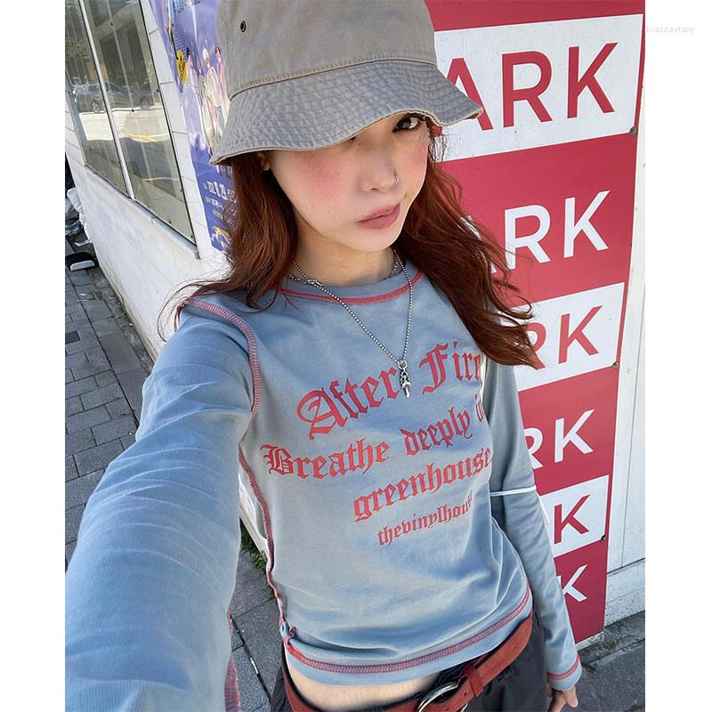 Women's T Shirts 2022 Autumn For Women Crop Tops Korean Style Retro Blue Patchwork T-Shirt Knitting Long-sleeved Elastic Tee Shirt, Gray blue 
Women's T Shirts 2022 Autumn For Women Crop Tops Korean Style Retro Blue Patchwork T-Shirt Knitting Long-sleeved Elastic Tee Shirt, Gray blue