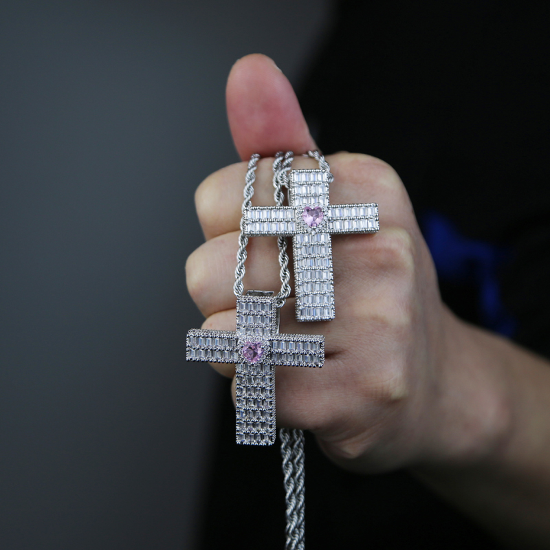 Hip Hop Iced Out Bg Pink Heart pendant Cz Paved Classic Cross Shape Pendant Necklace gifts jewelry for Men Women Valentine's Day