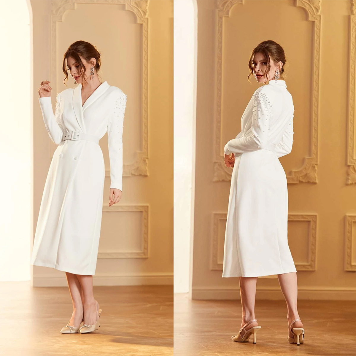 Women Beading Long Jacket Suit 2023 New Spring Double Breasted Vintage Elegant Blazer Fashion Evening Party Outerwear