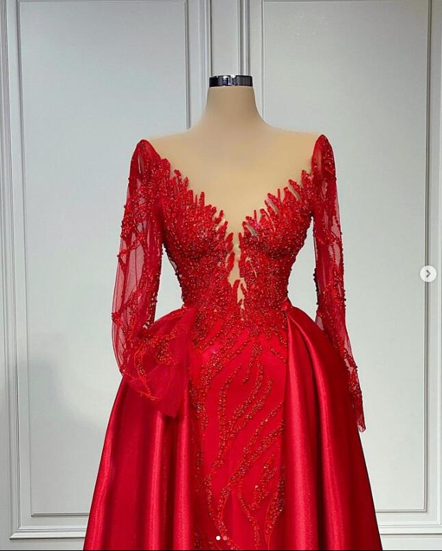 Red Princess Mermaid Prom Dresses with Detachable Train 2023 Long Sleeve Sheer Neck Beaded Embroidery Arabic Evening Gown