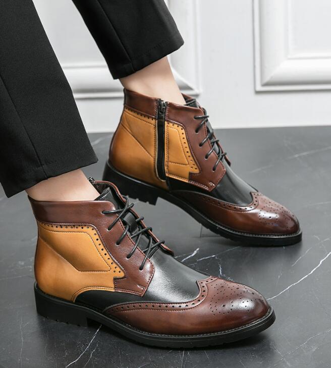 New Arrivals Mixed Colors Block Men's Short Boots Zipper Lace-up Round Toe Handmade Men Ankle Boots Size 38-44