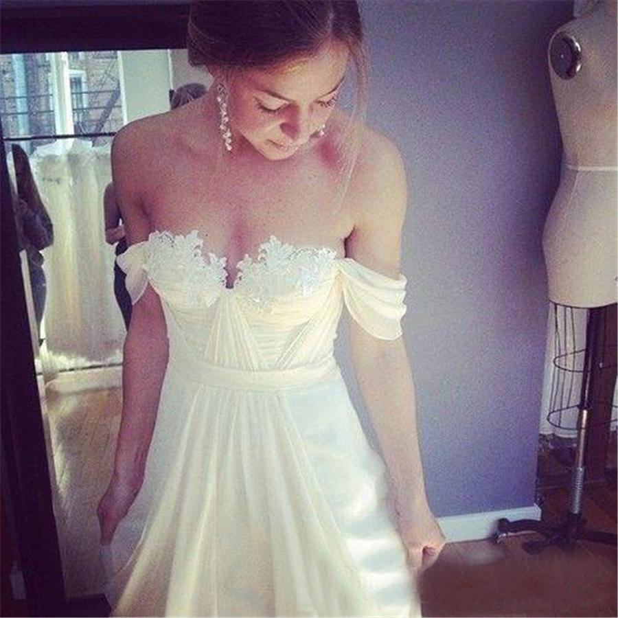 Off Shoulder White A-e Sweep Spring Garden Beach Wedding Dresses Chiffon Bridal Dress Simple Style Customized Made