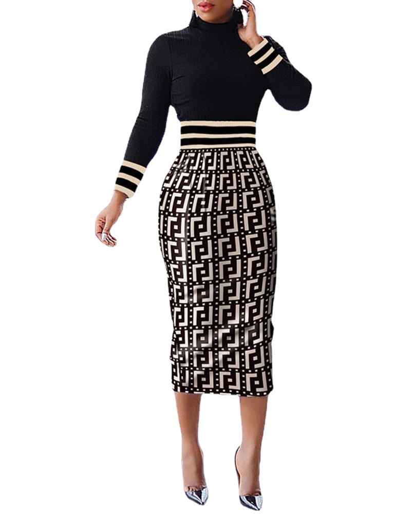 Fashion Women Casual Dresses Printed Elegant Bodycon Long Sleeve Pencil Business Suiting Office Midi Dress