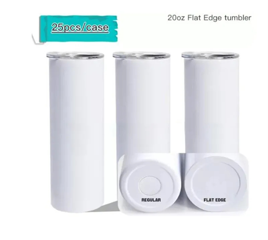 US warehouse FLAT EDGE 20oz Sublimation Straight Tumbler with straw Stainless Steel Glossy Double-Wall Vacuum Insulated Water Bottle No Ghosting in th