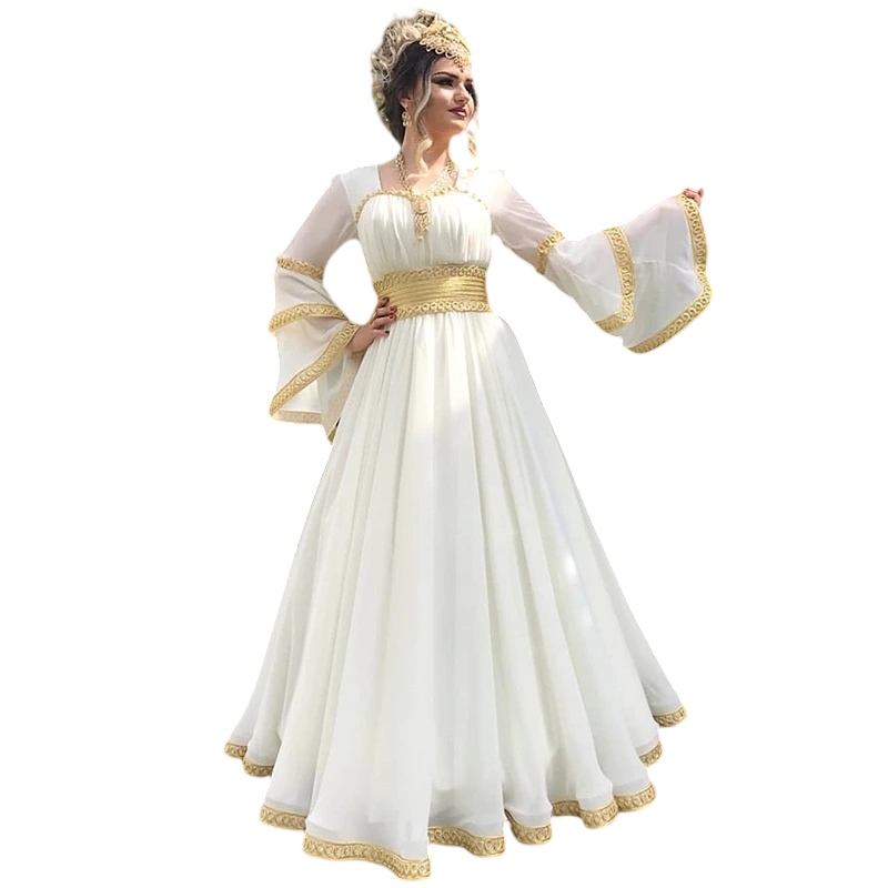 White Robes Long Sleeve Caftan Prom Dresses with Gold Lace Embroidery 2023 Traditional Kosovo Albanian Evening Gown