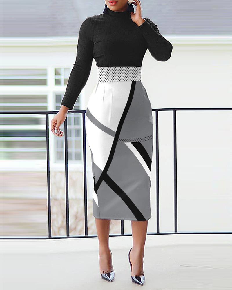 Fashion Women Casual Dresses Printed Elegant Bodycon Long Sleeve Pencil Business Suiting Office Midi Dress