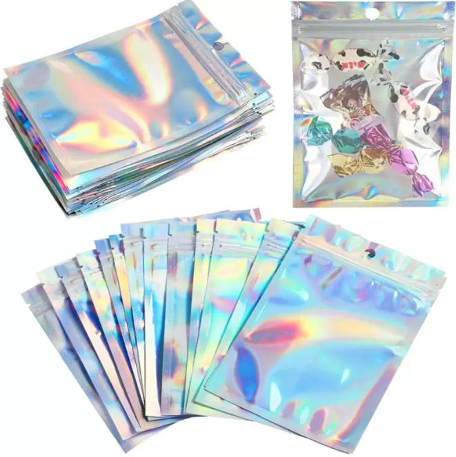 Resealable Smell Proof Bags Aluminum Foil Zipper Pouch Bag Holographic Packaging for Food Snack Jewelry Storage