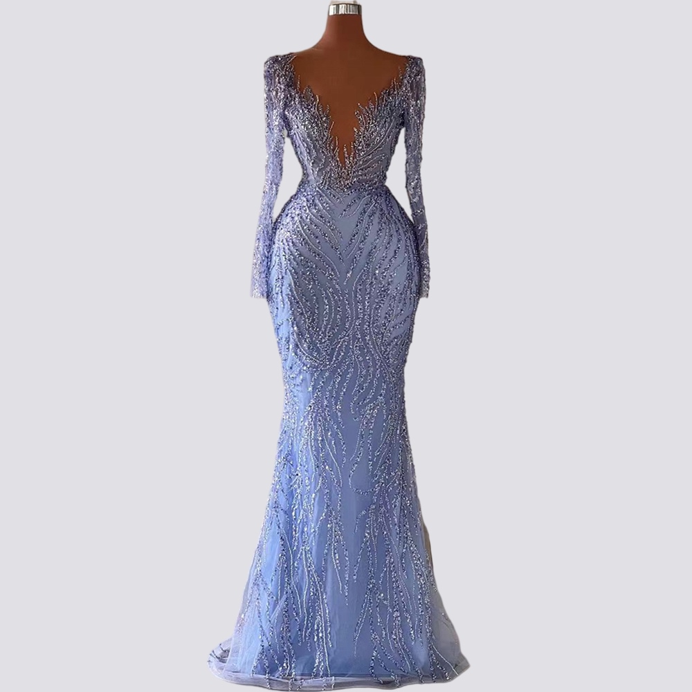 Lilac Elegant Mermaid Sexy V-Neck Prom Dresses Gowns 2023 long sleeve gillter beaded princess Women Party Evening Dress