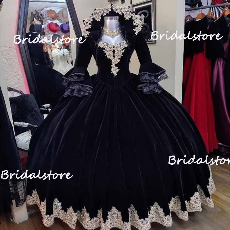Black Velvet Victorian Gothic Wedding Dress 2023 With Jacket Puff Sleeve Arabic Gold Lace Church Women Gown Celtic Greek Bride Party Dress Flare Vinta