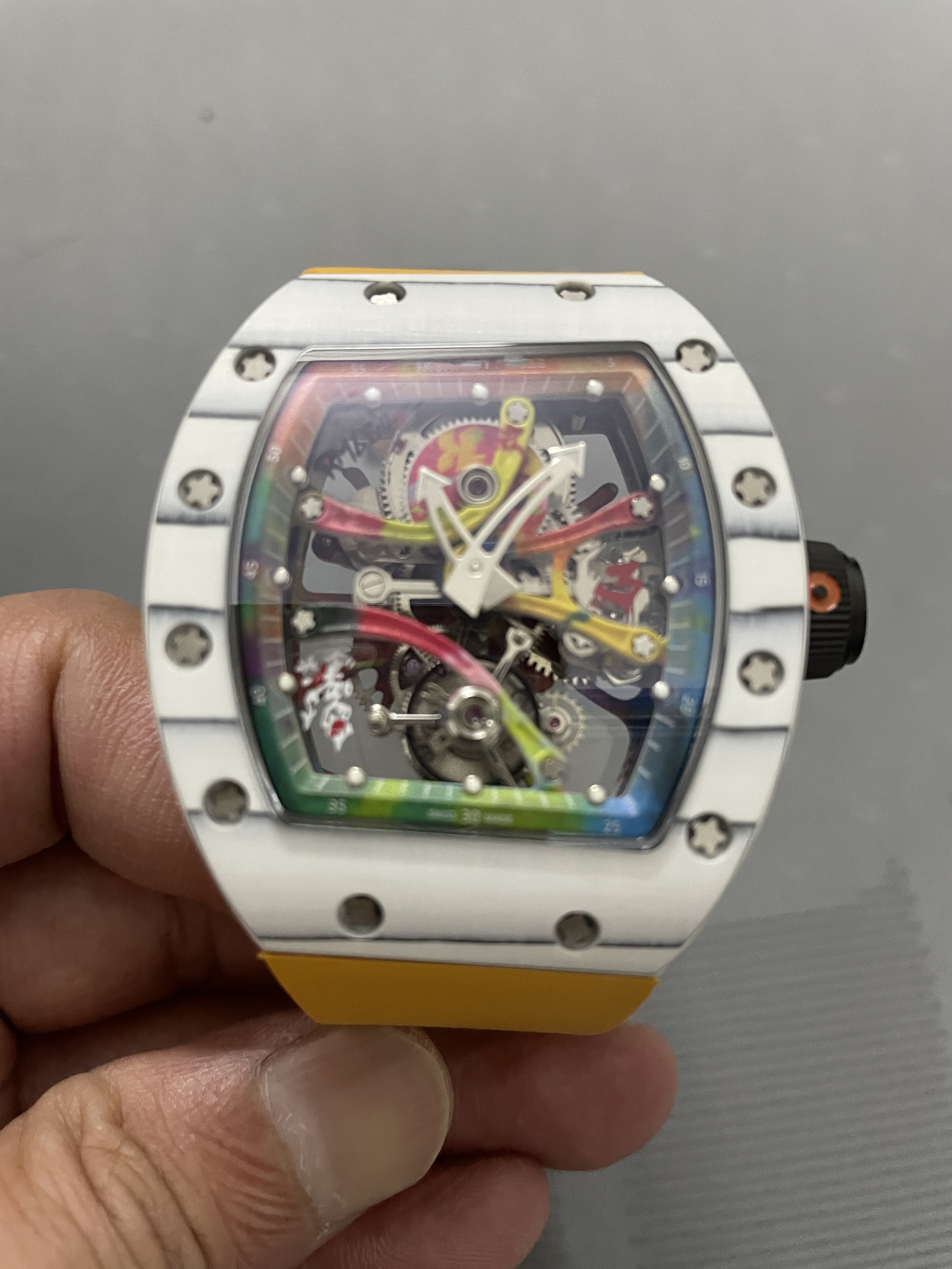 Tourbillon Series watch RM68-01 Colorful graffiti with fully automatic mechanical movement sapphire scratch resistant glass mirror Carbon fiber case, As shown
Tourbillon Series watch RM68-01 Colorful graffiti with fully automatic mechanical movement sapphire scratch resistant glass mirror Carbon fiber case, As shown