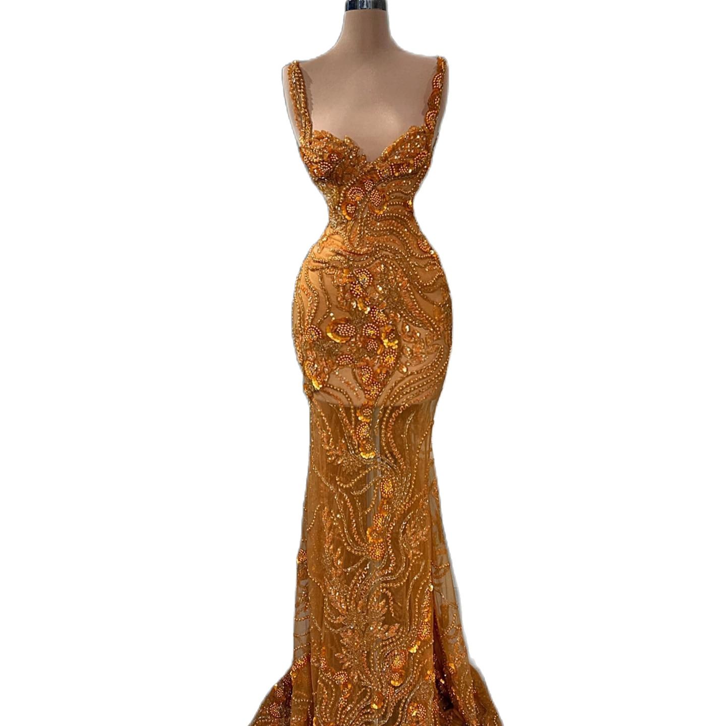 Saudi Arabic Beads Mermaid Evening Dress Sexy Spaghetti Strap Lace Appliques Prom Gowns Custom Made Special Occasion Dresses