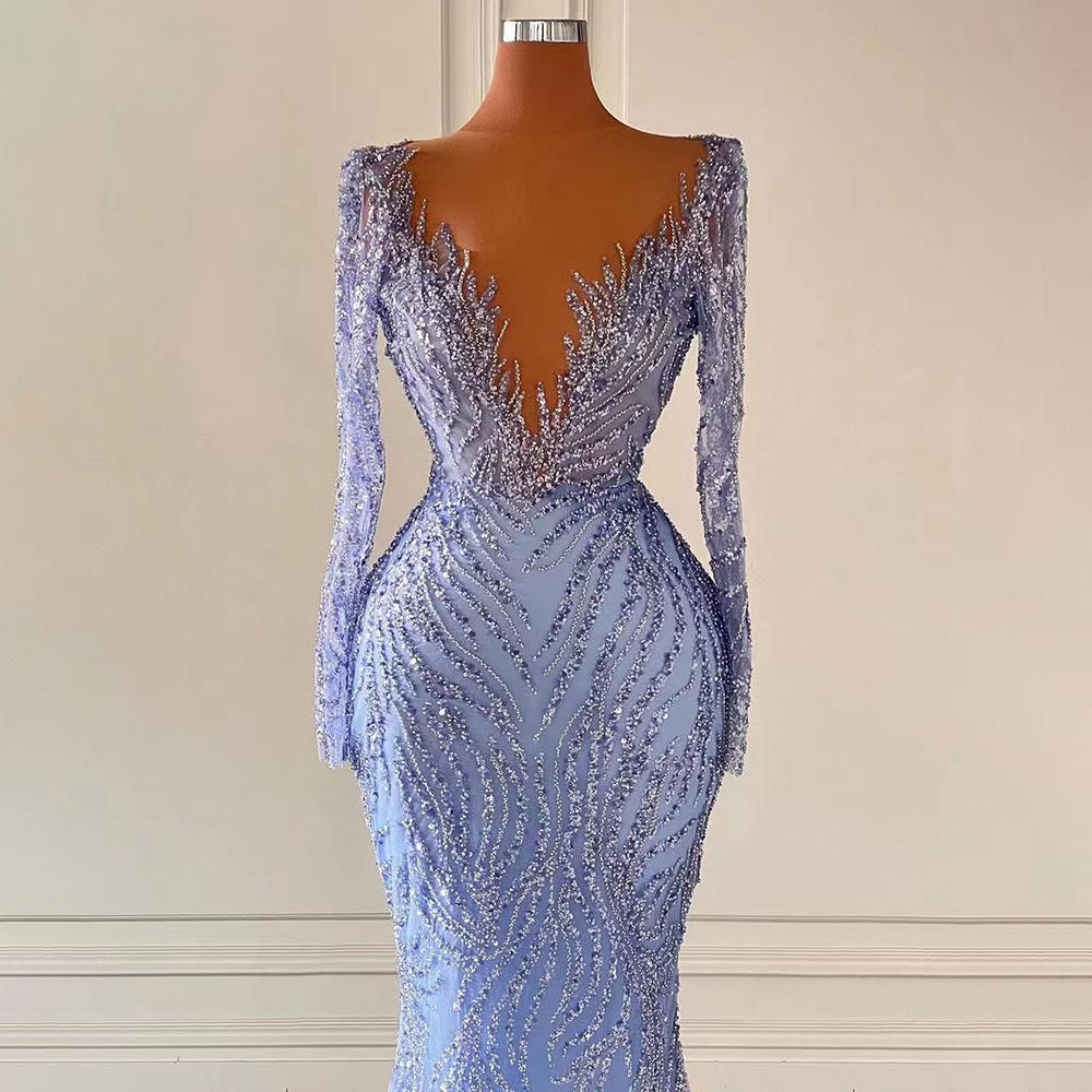 Lilac Elegant Mermaid Sexy V-Neck Prom Dresses Gowns 2023 long sleeve gillter beaded princess Women Party Evening Dress