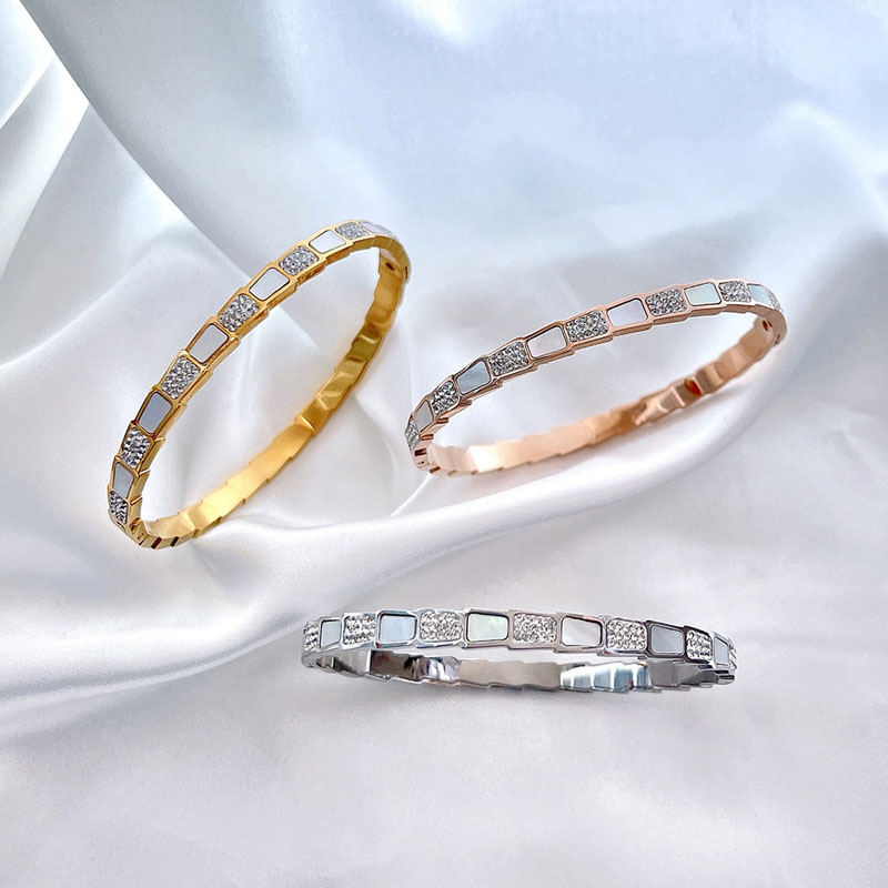 Bracelet Titanium Steel Snake Bone Cuff with Shell and Cubic Zirconia for Special Occasion Gift High Quality Texture