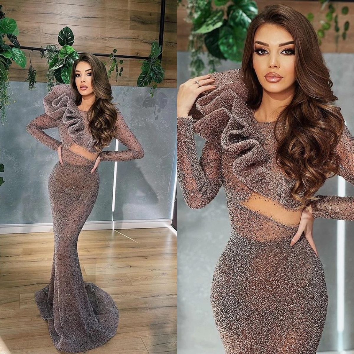African Mermaid Prom Dresses Long Sleeves Ruffles Party Dresses Illusion Sequined Custom Made Evening Dress