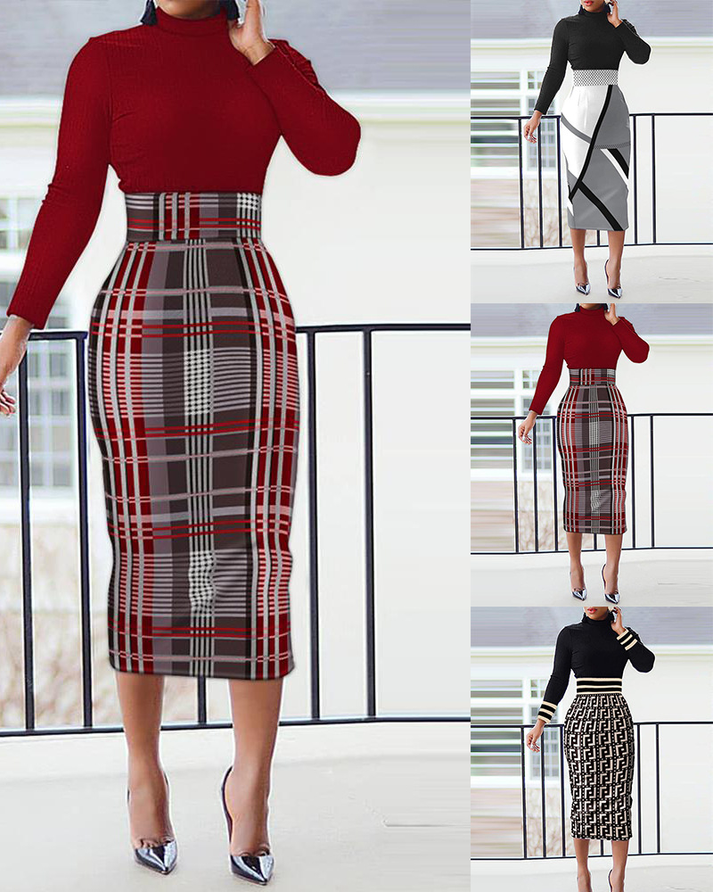 Fashion Women Casual Dresses Printed Elegant Bodycon Long Sleeve Pencil Business Suiting Office Midi Dress