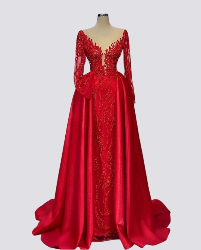 Red Princess Mermaid Prom Dresses with Detachable Train 2023 Long Sleeve Sheer Neck Beaded Embroidery Arabic Evening Gown