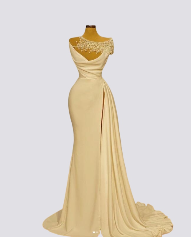 Ivory Stain Mermaid Prom Occasion Dresses 2023 Sexy Side Slit Sheer Pearls Neck Arabic Aso Ebi Princess Evening Gowns