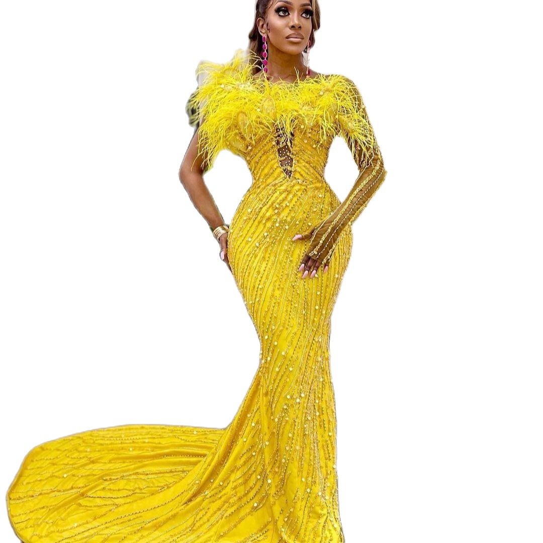 Fashion Sequins Yellow Mermaid Wedding Dresses One Shoulder Feather Bridal Gown Simple Formal Party Gowns