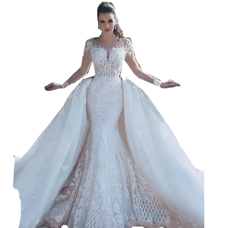 Luxury Lace Mermaid Wedding Dresses With Detachable Train Overskirts Illusion Long Sleeves Arabic Dubai Bridal Gowns 2023 Appliqued Open Back Vestidos
