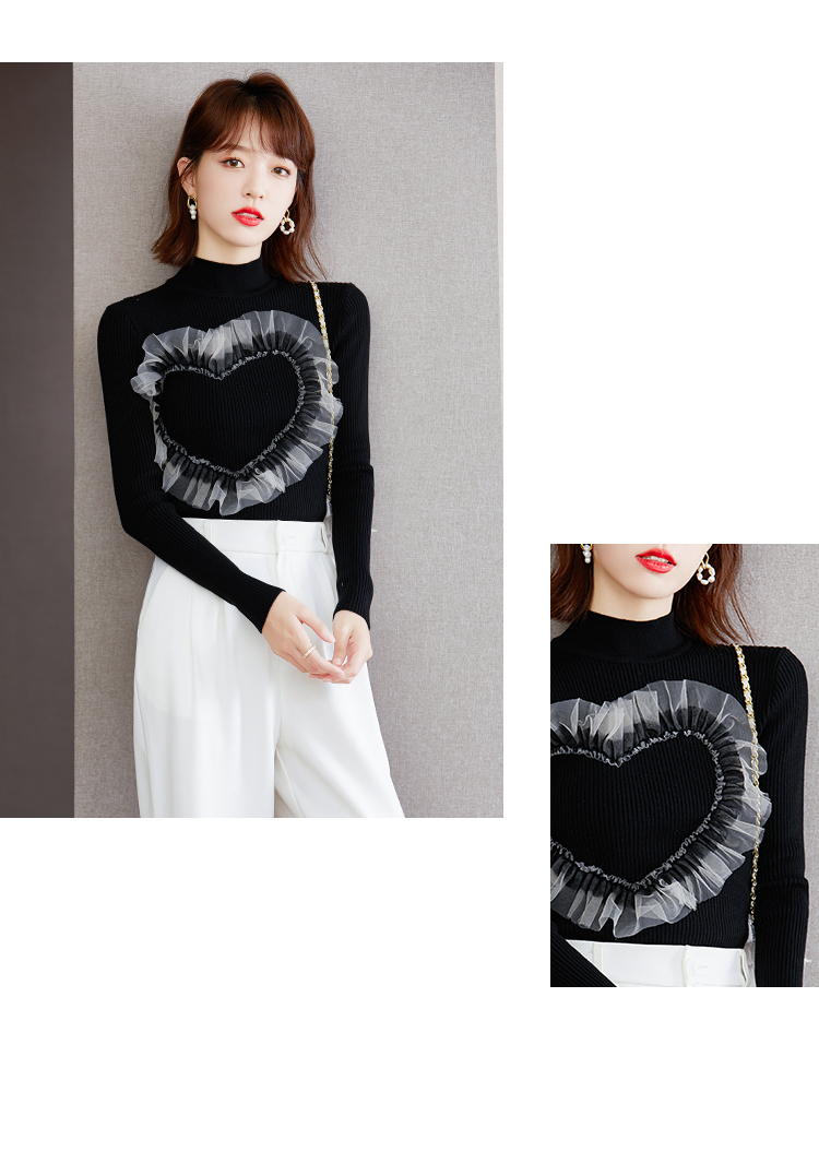 Womens stand collar gauze love heart pattern knitted black color sweater top SMLXL