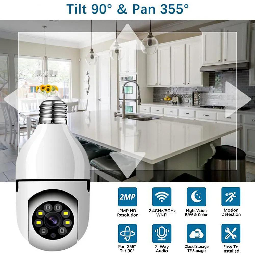 WiFi 360 Panoramic Bulb Camera 1080P Surveillance Camera Wireless Home Security Cameras Night Vision Two Way Audio Smart Motion Detection Support for 