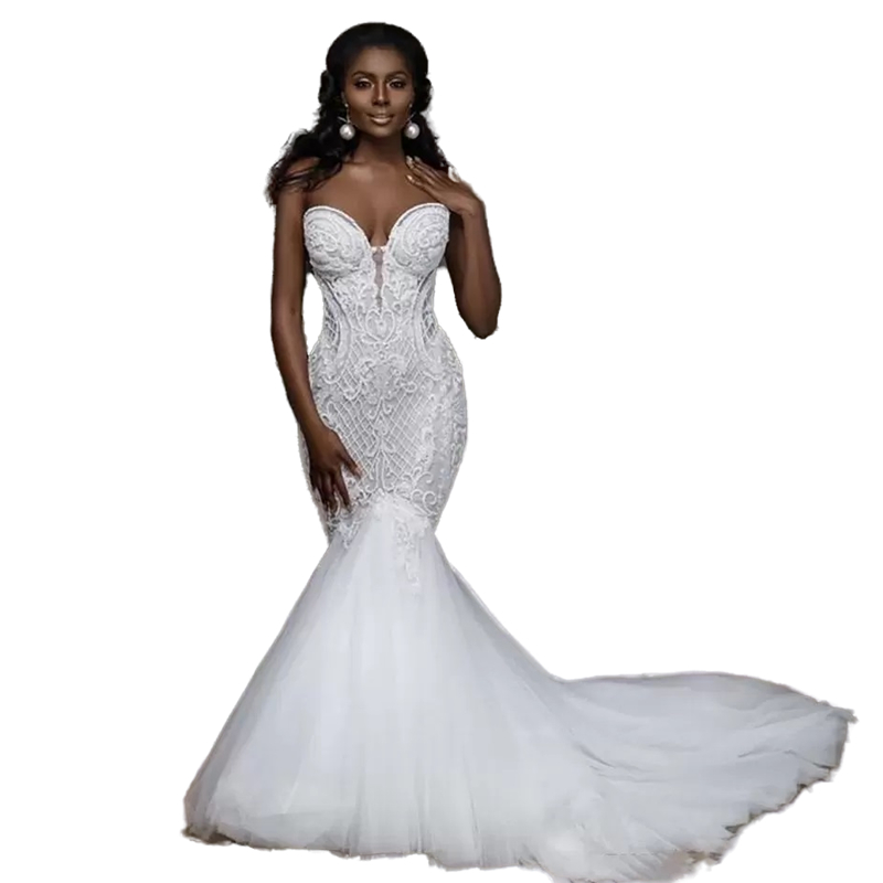 Chic African Ivory Lace Mermaid Wedding Dresses Sweetheart Strapless Sleeveless Long Trumpet Bridal Gowns With Trains Vestidos de novia 2023