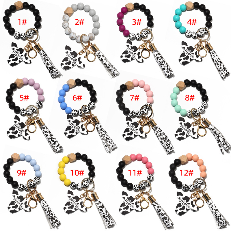 Silicone Beads Key chain For Keys Colorful Wristlet Bracelet Jewelry Milch Cow Pu Tassel Charm Car Key ring Charms Wholesale