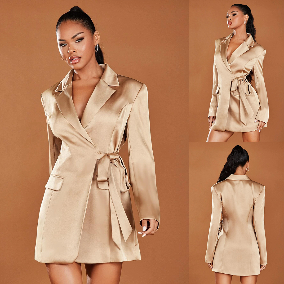 Satin Silk Blazer Suit Women New Spring Long Sleeve Jacket Elegant Formal Office Ladies Party Evening Vestidos One Piece