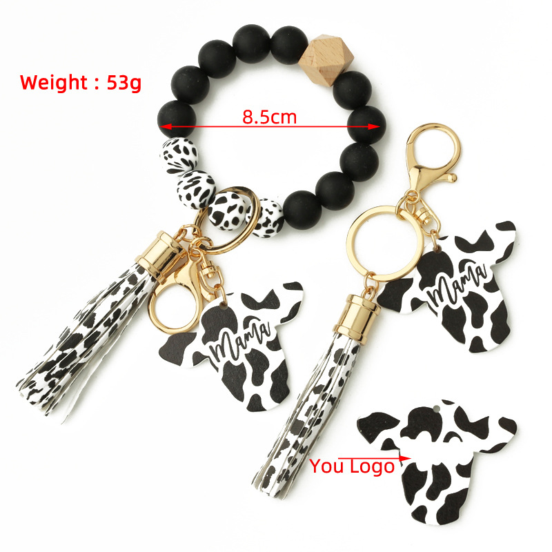 Silicone Beads Key chain For Keys Colorful Wristlet Bracelet Jewelry Milch Cow Pu Tassel Charm Car Key ring Charms Wholesale