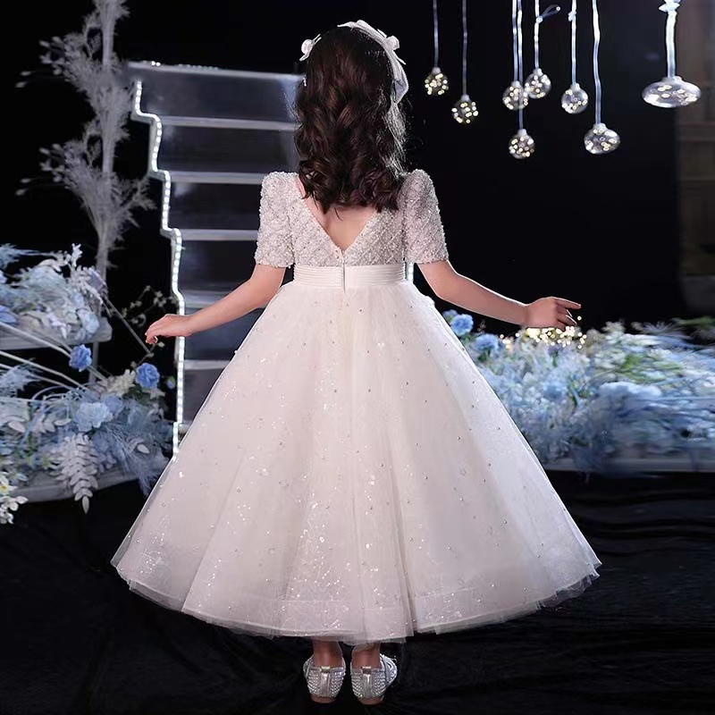 Cute White Flower Girl Dress for weding Pageant Gowns Jewel Short Sleeve Applique Lace Girl Tiered Sweep Train Custom Made Hot Sell Birthday Gown