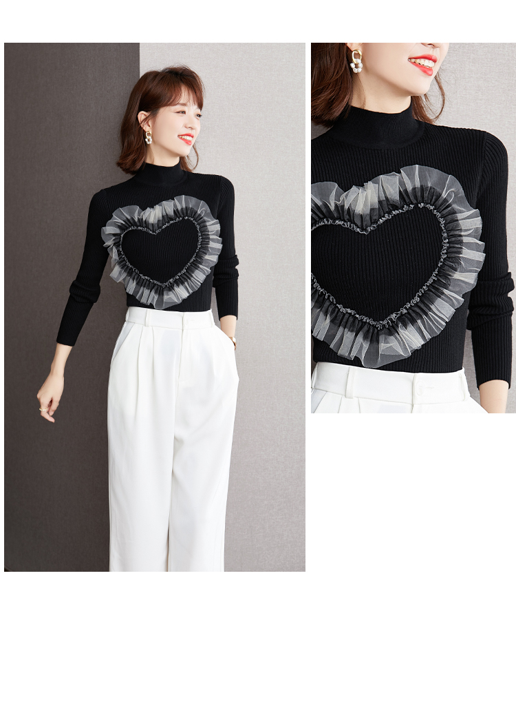 Womens stand collar gauze love heart pattern knitted black color sweater top SMLXL