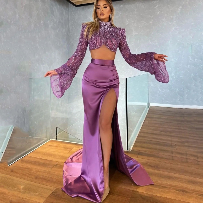 2 Pcs Luxury Purple Prom Dresses Lace Beaded High Split Party Dresses Long Sleeves Custom Made Evening Dress