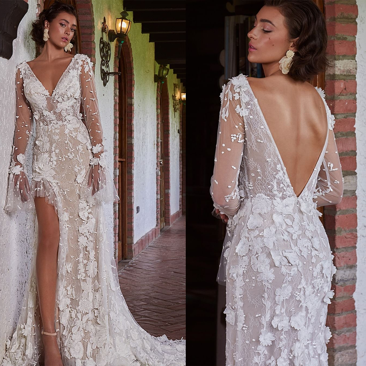 Glamorous Mermaid Wedding Dresses V-neck Lace with 3D Floral Appliques Long Net Sleeves Backless High Split Court Gown Bridal Gowns Custom Made Vestid