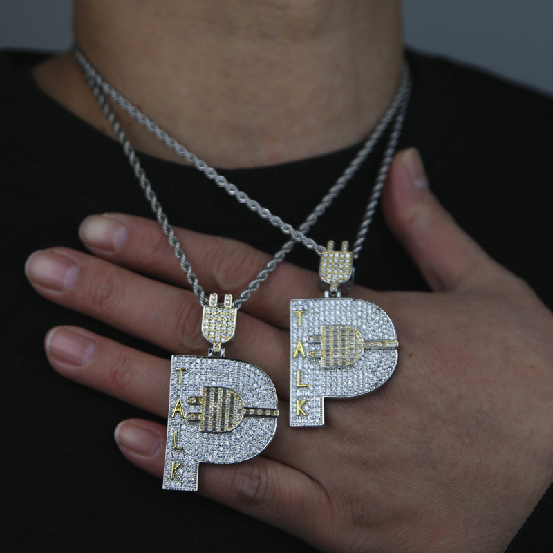 Iced Out Hip Hop Plug Pendant Paved Full Cz with Rope Chain Necklace Plated Two Tone for Men Boy Punk Style Jewelry Drop Ship