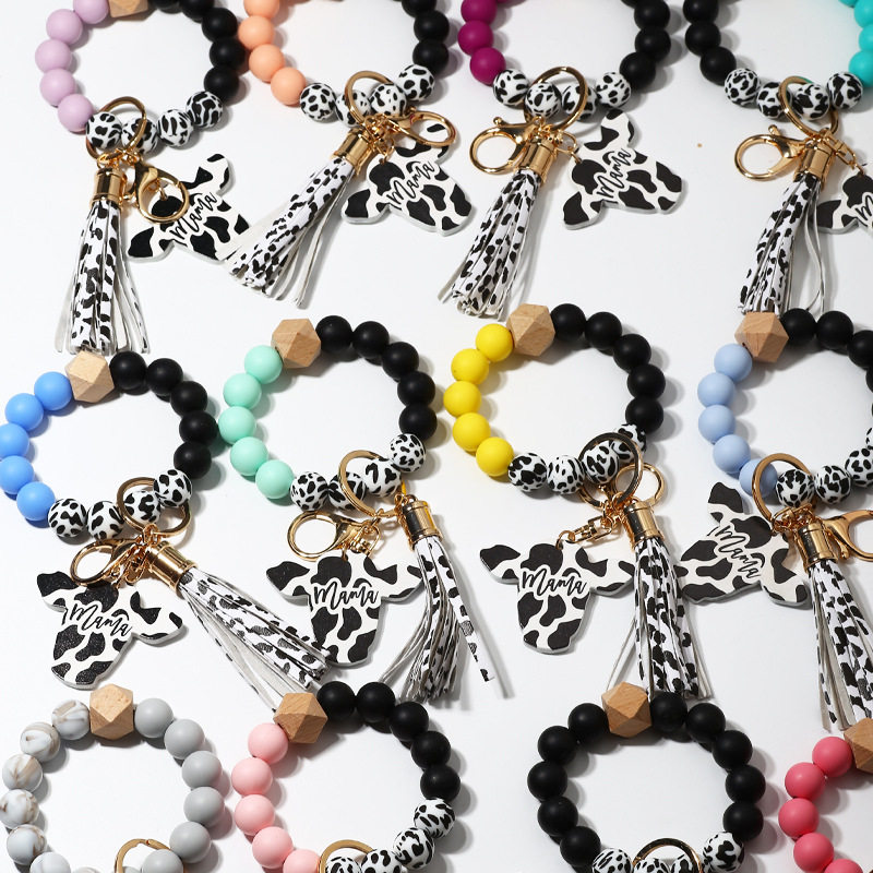 Silicone Beads Key chain For Keys Colorful Wristlet Bracelet Jewelry Milch Cow Pu Tassel Charm Car Key ring Charms Wholesale