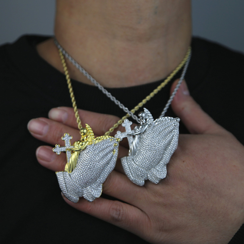Iced out bling hand cross pendant paved full cz stone with rope chain necklace for women men punk styles hip hop jewelry wholesale