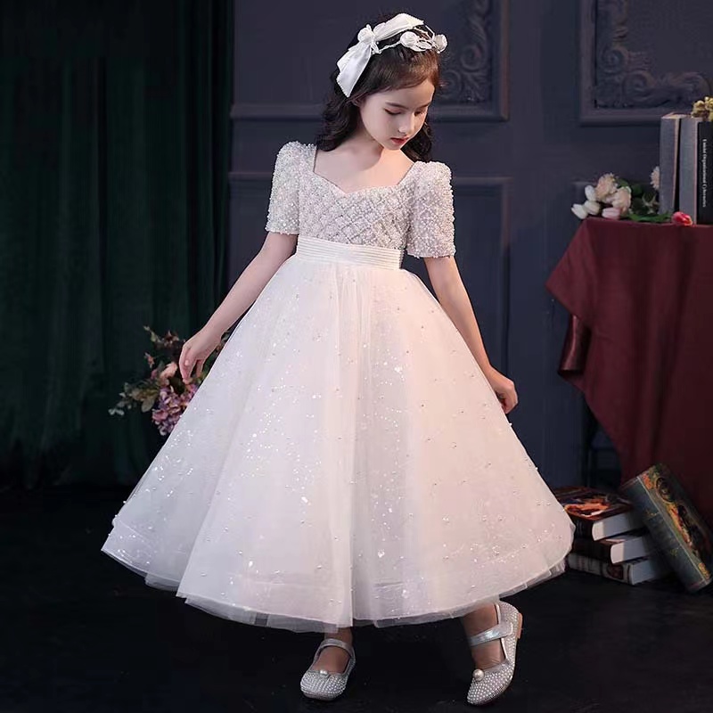 Cute White Flower Girl Dress for weding Pageant Gowns Jewel Short Sleeve Applique Lace Girl Tiered Sweep Train Custom Made Hot Sell Birthday Gown