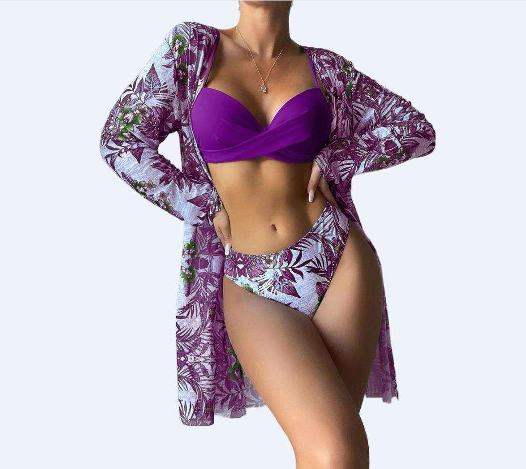European and American swimsuit three-piece mesh shawl blouse split print bikini, Black
European and American swimsuit three-piece mesh shawl blouse split print bikini, Black