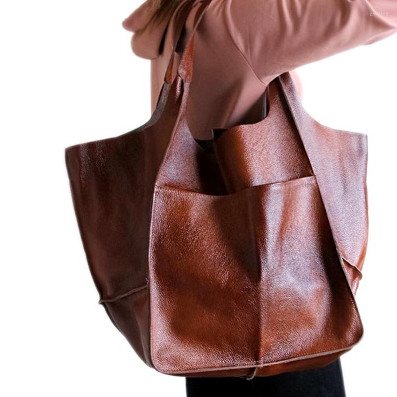 Free Shipping Evening Bags Casual Soft Large Capacity Tote Women Handbags Aged Metal Look Leather Shoulder Bag Retro Big Shopper Clutch